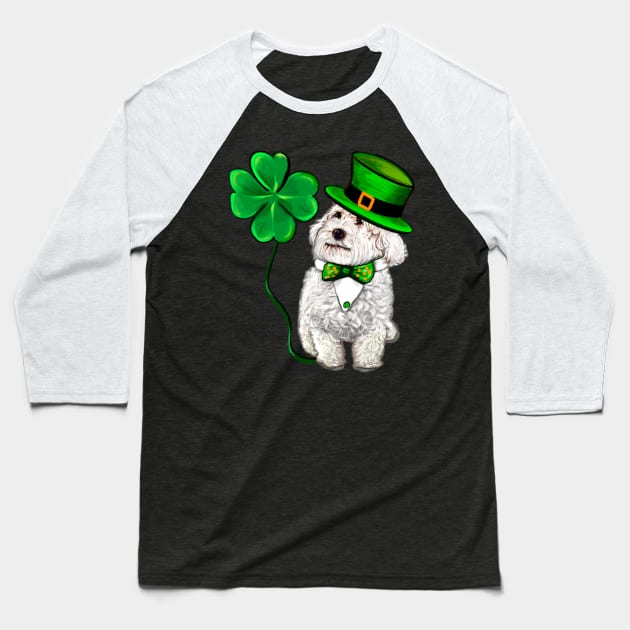 Funny Cavapoo puppy dog in hat and tie fancy dress with Clover Shamrocks - green 4 leaf clovers shamrock. Shenanigans The best Irish gift ideas 2024 Baseball T-Shirt by Artonmytee